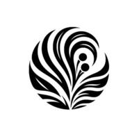 A stylized, monochromatic of a circular arrangement, featuring elegant, curved black leaflike shapes and two small, round berrylike elements, set against a clean, white background. vector