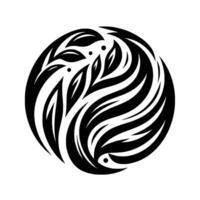 An artistic, monochrome illustration depicting leaves and flowing lines arranged within a circle, representing growth. vector