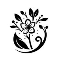 Elegant Monochrome Floral Illustration A Stylized Flower with Leaves, Berries and a Curved Swirl Element, set against a White Background, creating a Simple, Decorative Composition. vector