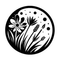 Stylized Black and White Floral Composition Inside a Circle, Featuring a Large Daisy, Tall Grasses, and Detailed Botanical Elements. vector