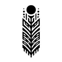 A symmetrical, modern tribal art piece, featuring a vertical, stylized feather with a sunlike circle at the top and abstract elements. vector
