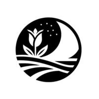 Black and White Logo A stylized tulip and crescent moon within a circle, evoking a calm night scene with stars above wavy landscape lines. vector