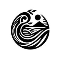 Monochromatic Circle Logo A stylized landscape with waves, sun, mountain, and foliage, forming a balanced nature scene symbol. vector