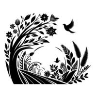 A stylized black and white illustration of a blossoming tree with soaring birds, flowers, and foliage forming an enclosed, natural vignette. vector