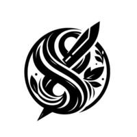 Monochromatic Emblem A stylized black and white features a curved, flowing interwoven with a sword, botanical elements, and set within a circle. vector