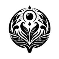 Intricate black and white circular illustration featuring an eye within a circle, surrounded by floral and stylized leaf elements, with teardrop accents. vector
