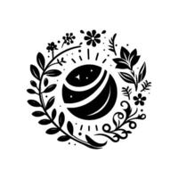 Monochromatic Floral Emblem A stylized black and white illustration showcasing a central planet with two bands, encircled by a wreath of leaves, flowers, and decorative flourishes against a cl vector