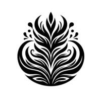 Bold Black Floral Crest with Curling Lines and Spatters on a White Background, Resembling a Decorative Emblem. vector