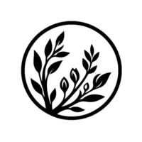 Elegant botanical illustration featuring a stylized black silhouette of leaves and stems enclosed within a circular frame, minimalist design. vector