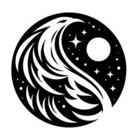 A stylized black and white YinYang composition, featuring a celestial raven silhouette morphing into a featherlike design, contrasted with stars and a full moon against a night sky. vector