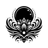 Intricate black and white floral design, featuring a lotuslike flower with a central orb, surrounded by swirling patterns and dot details on a white background. vector