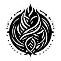 Intricate Black and White Circular Design A symmetrical, ornamental composition featuring interwoven lines, a stylized floral motif at the center, and a dotted border. vector