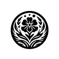 Intricate Black and White Floral Motif A symmetrical, stylized featuring a central flower, surrounded by leaves and enclosed in a perfect circle, set against a pristine white backdrop. vector