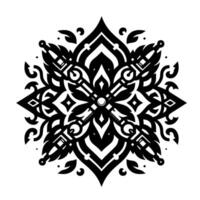 Intricate symmetrical black and white floral ornamental design, resembling a stylized mandala, with complex geometric and organic forms. vector