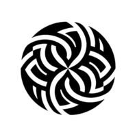 A symmetrical, radial abstract of interwoven black and white curved shapes forming a circular, geometric pattern with a central starburst element against a stark white background. vector