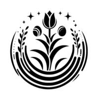 A minimalist black and white floral emblem featuring a stylized tulip, flanked by sprigs, nested within a layered circular design, adorned with stars. vector