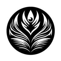 A symmetrical, stylized floral emblem within a black circle, featuring layered white, winglike structures converging toward a central, eyelike with a teardrop element. vector