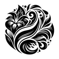 Intricate Black and White Floral in a Circular Arrangement, Featuring a Central Flower and Swirling Leaves, Executed with Detailed Lines and Shapes. vector