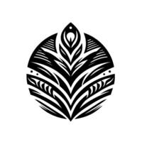 A symmetrical, black and white tribal featuring a stylized plantlike form encased in a circle, with intricate patterns and detailed shading. vector