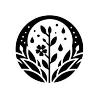Minimalist circular illustration of a blossoming plant with raindrops and leaves enclosed within a dark frame, showcasing nature. vector