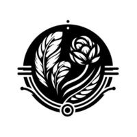 Monochromatic Floral Feather Composition Within a Circular Frame Elegant Black White Symbolism on White Background. vector