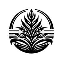 Elegant Black White Floral Enclosed in a Circular Frame, Featuring Detailed Leaves and a Harmonious Geometric Composition. vector