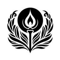 Intricate black and white emblem depicting a torch within a circle, surrounded by laurel leaves, symbolizing enlightenment and triumph. vector