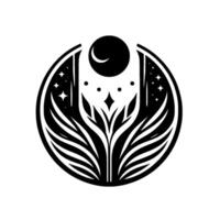 Celestial Emblem A monochrome illustration depicting a stylized night scene with a moon, stars, and stylized flora enclosed within a circular frame. vector