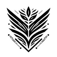 A symmetrical, stylized black and white featuring a central leaf motif with geometric elements and sharp angles against a clean white background. vector