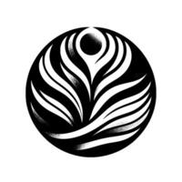 Abstract black and white circular of stylized leaves radiating from a central point, with a shaded orb, evoking organic growth and geometric precision. vector