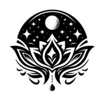 Celestial Lotus A symmetrical black and white featuring a lotus flower, a night sky with a moon and stars, and a single teardrop. vector