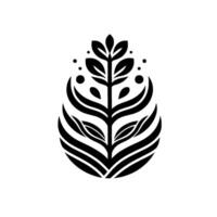 Minimalist Black White Botanical Illustration Stylized Leafy Plant with Curved Elements and Subtle Dot Accents, Set Against a Blank White Canvas. vector
