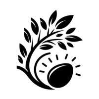 Minimalist monochrome featuring a tree with leaves intertwined with an ovalshaped sun radiating energy, symbolizing growth and vitality. vector