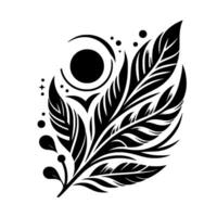 Elegant Black and White Illustration A Stylized Feather with Celestial and Botanical Elements on a Minimalist Background vector