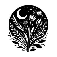 A stylized, black and white celestial botanical composition set within a circle, featuring a crescent moon, stars, and flowering plants. vector
