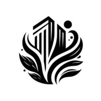 Black and white minimalist featuring abstract buildings and nature elements, symbolizing balance and growth within a modern context. vector