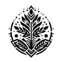 Intricate Black and White Geometric Botanical within a teardropshaped frame, featuring symmetrical leaf patterns and dotted accents. vector