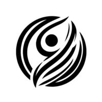 A stark, stylized yinyangesque featuring a black, circular shape composed of curved, striped elements, with a central solid dot. The is set against a white background. vector