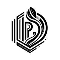 Elegant Monochromatic Featuring a Stylized Letter P Integrated with Organic Leafy Elements and Geometric Hexagonal Frame. vector