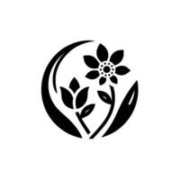 A minimalist, stylized floral illustration featuring a flower and a tulip, enclosed within a circular arc, rendered in black against a white background, evoking a sense of harmony and simplicity. vector