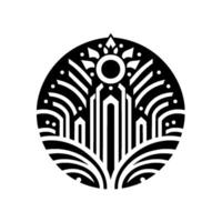 Intricate Art Deco emblem featuring a stylized cityscape within a circular black frame, embodying symmetry, with elements of sun, arches, and geometric design. vector