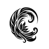 A graceful, swirling black and white decorative design, resembling a feather or a stylized floral element, rendered with elegant curves and a minimalist aesthetic against a clean white backdrop. vector