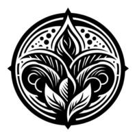 A symmetrical black and white floral mandala, featuring stylized leaf and petal arrangements within a circular frame, with dots and pointed accents. vector