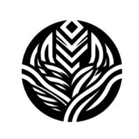 Abstract, symmetrical, black and white design, a circular composition featuring geometric and organic forms, resembling a stylized emblem or with a central arrowheadlike structure. vector