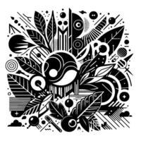 A monochrome, art decoinspired botanical composition featuring stylized leaves, geometric shapes, and a central yinyang element. vector