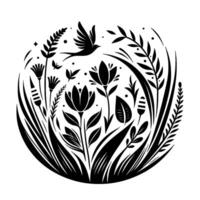 Black and white minimalist nature scene with a flying bird, stylized flowers, leaves and other plants within a circular frame. vector