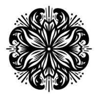 Intricate Black and White Mandala A symmetrical floral with layered petallike shapes, swirling details, and radiating accents, creating a visually balanced and decorative composition. vector