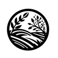 A monochrome circular emblem depicting a stylized agrarian scene of rolling hills, leafy branches and berries. vector