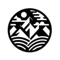 Black and White Mountainscape Abstract, Circular Emblem Depicting Peaks, Clouds, and Sun vector