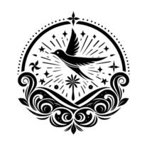 Black and white stylized emblem featuring a soaring bird enclosed within a decorative circle, floral and star motifs. vector
